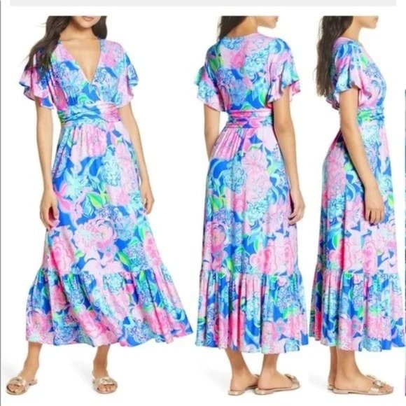Lilly Pulitzer Dresses & Skirts - New Lilly Pulitzer Womens Medium Jessi Midi Maxi Dress Peony Colorful V Neck
